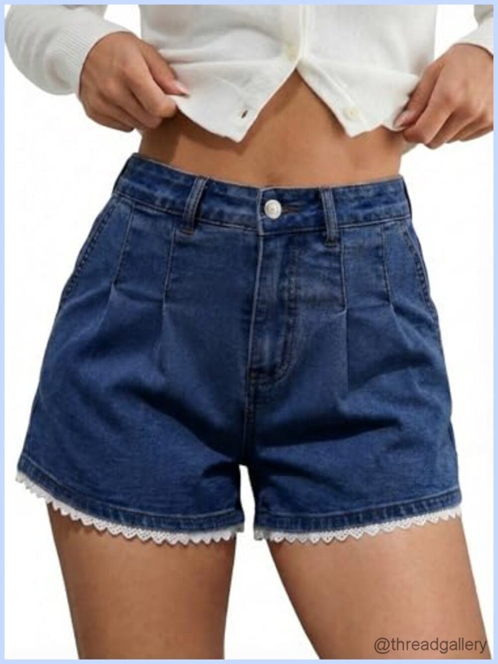 Mid Rise Denim Jean Shorts Scalloped Lace Trim Pleated Stretchy Wide Leg